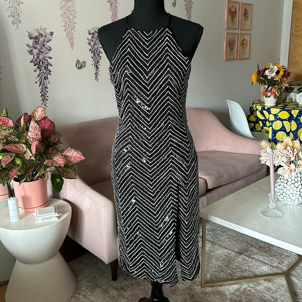 Alice and Olivia black sequin midi dress